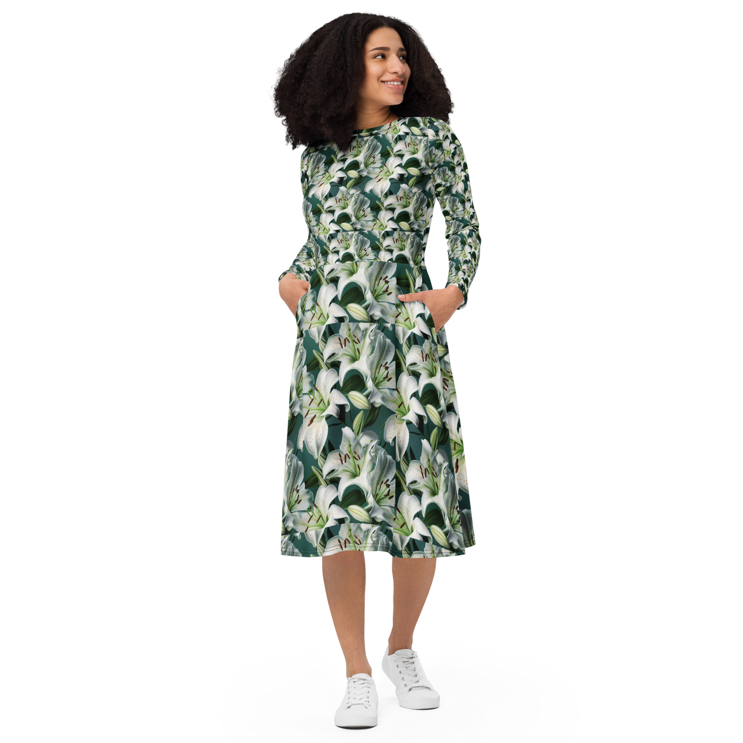 All-over print long sleeve midi dress