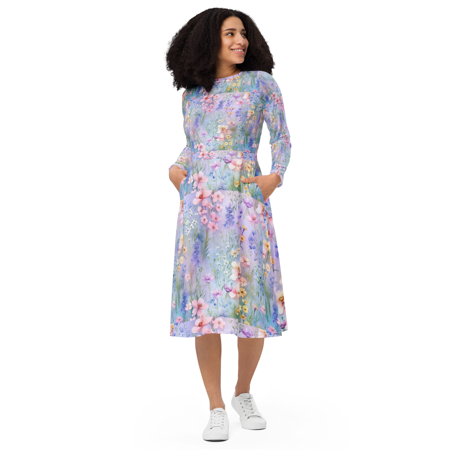 All-over print long sleeve midi dress