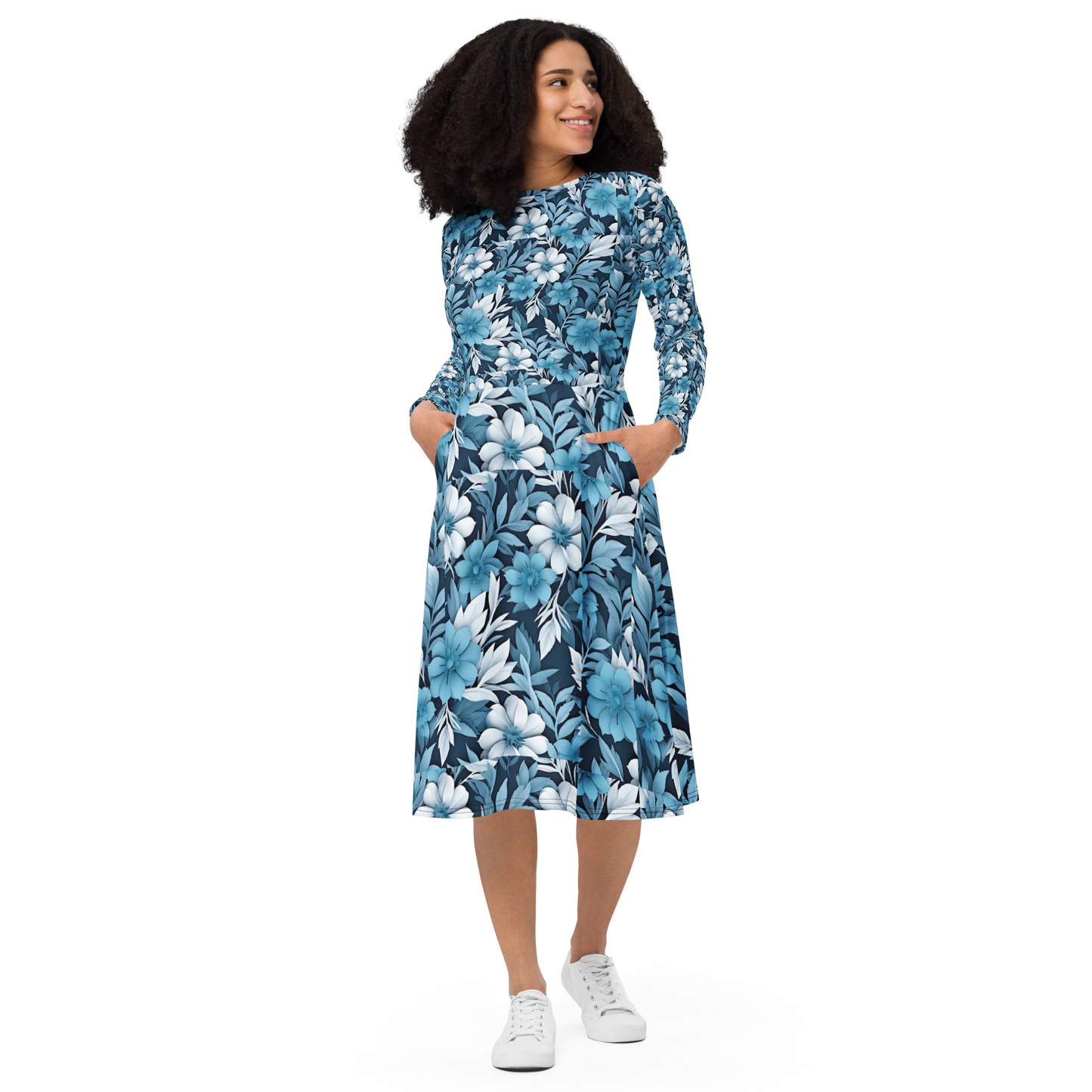 All-over print long sleeve midi dress