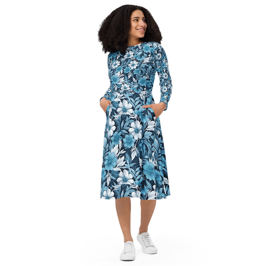 All-over print long sleeve midi dress