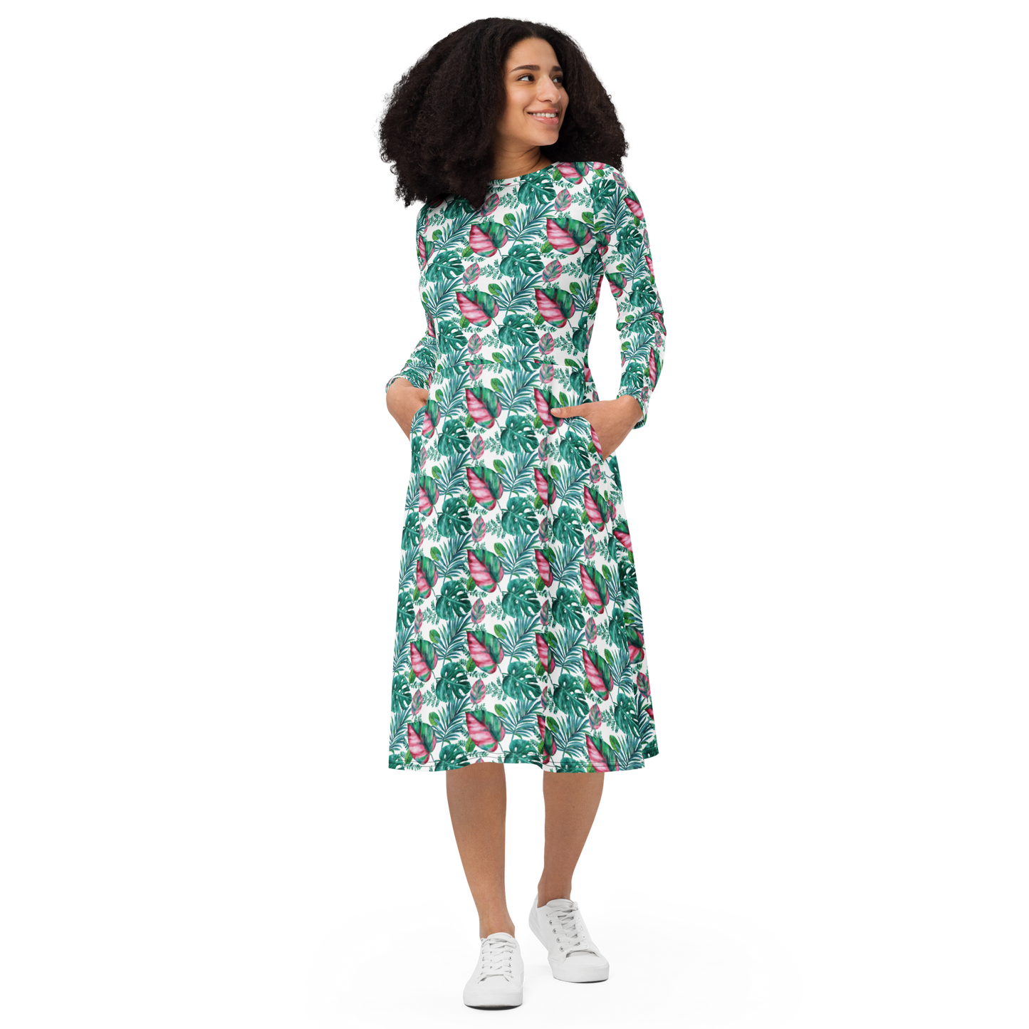 All-over print long sleeve midi dress