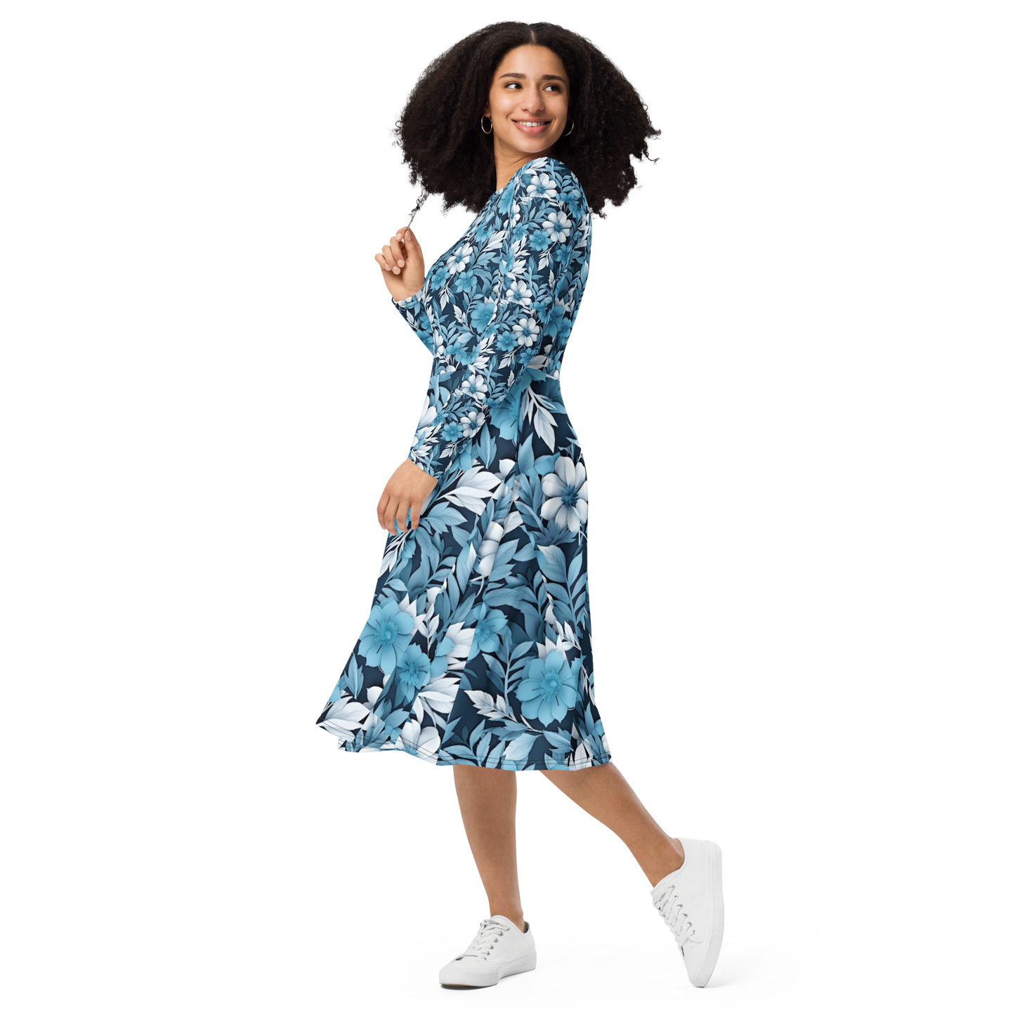 All-over print long sleeve midi dress