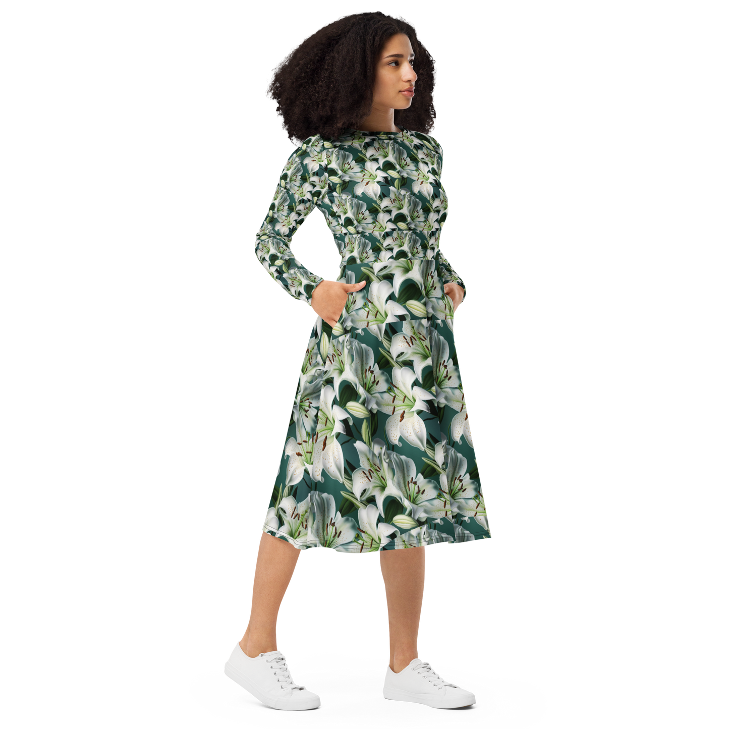 All-over print long sleeve midi dress