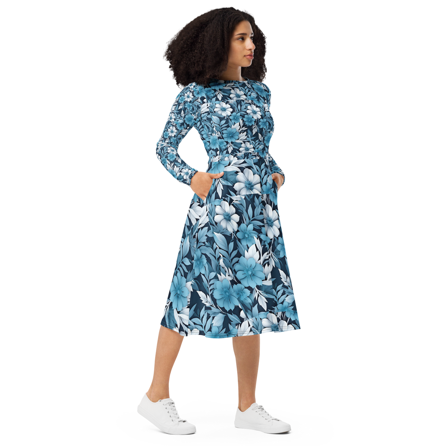 All-over print long sleeve midi dress