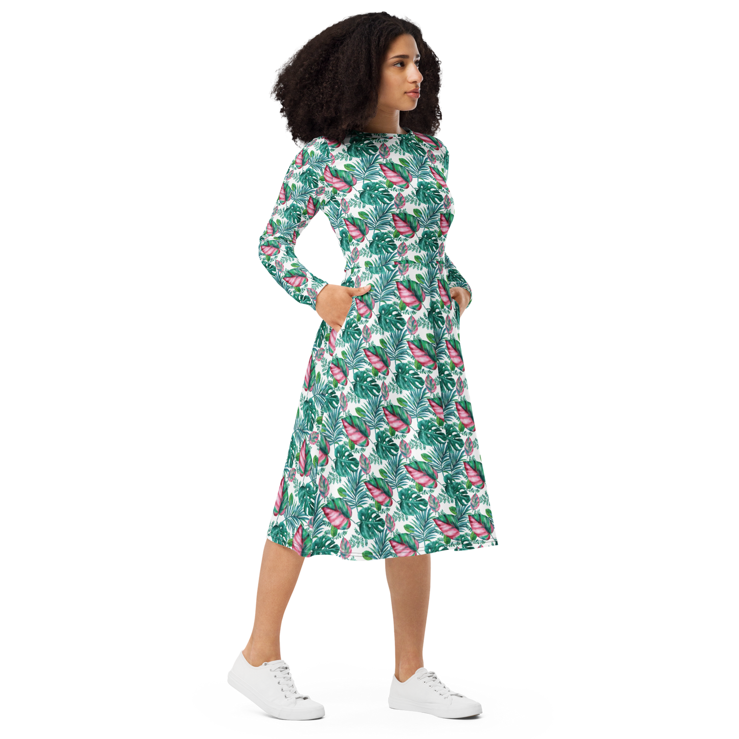 All-over print long sleeve midi dress